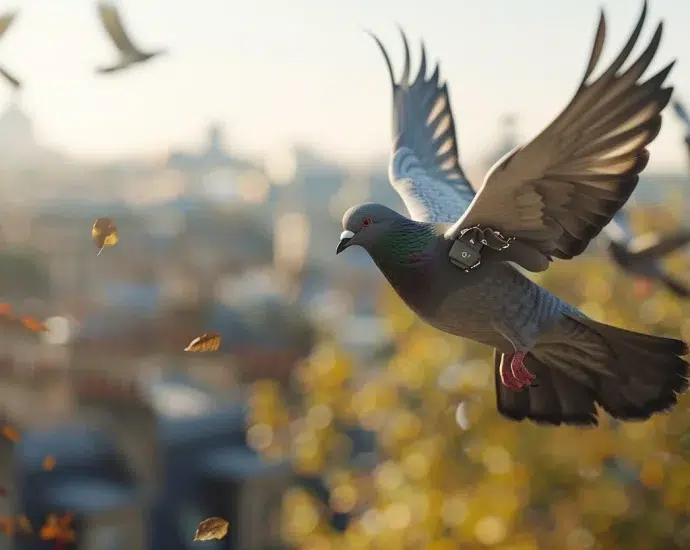 pigeons équipés de sacs à dos